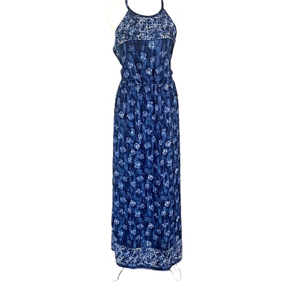 One Clothing Dress Women’s L Blue & White Maxi Blouson Waist Beach Boho
